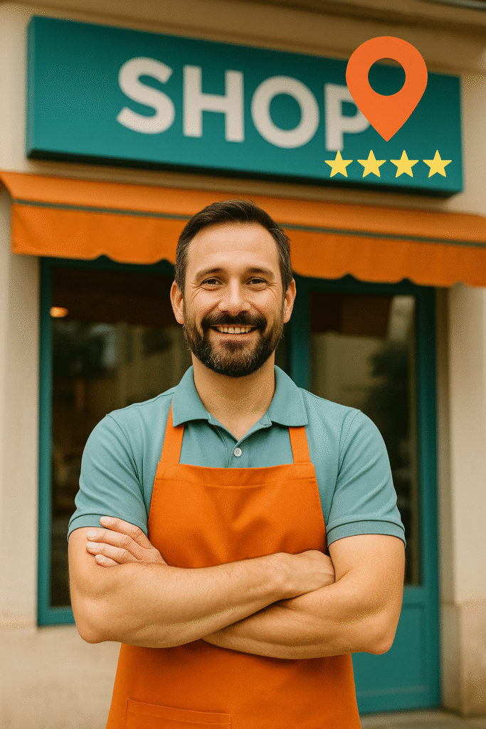 man standing in front of their storefront